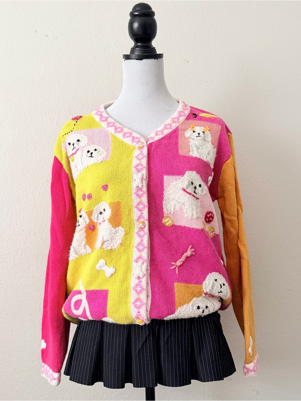 Vintage storybook knits color block dog print cardigan sweater